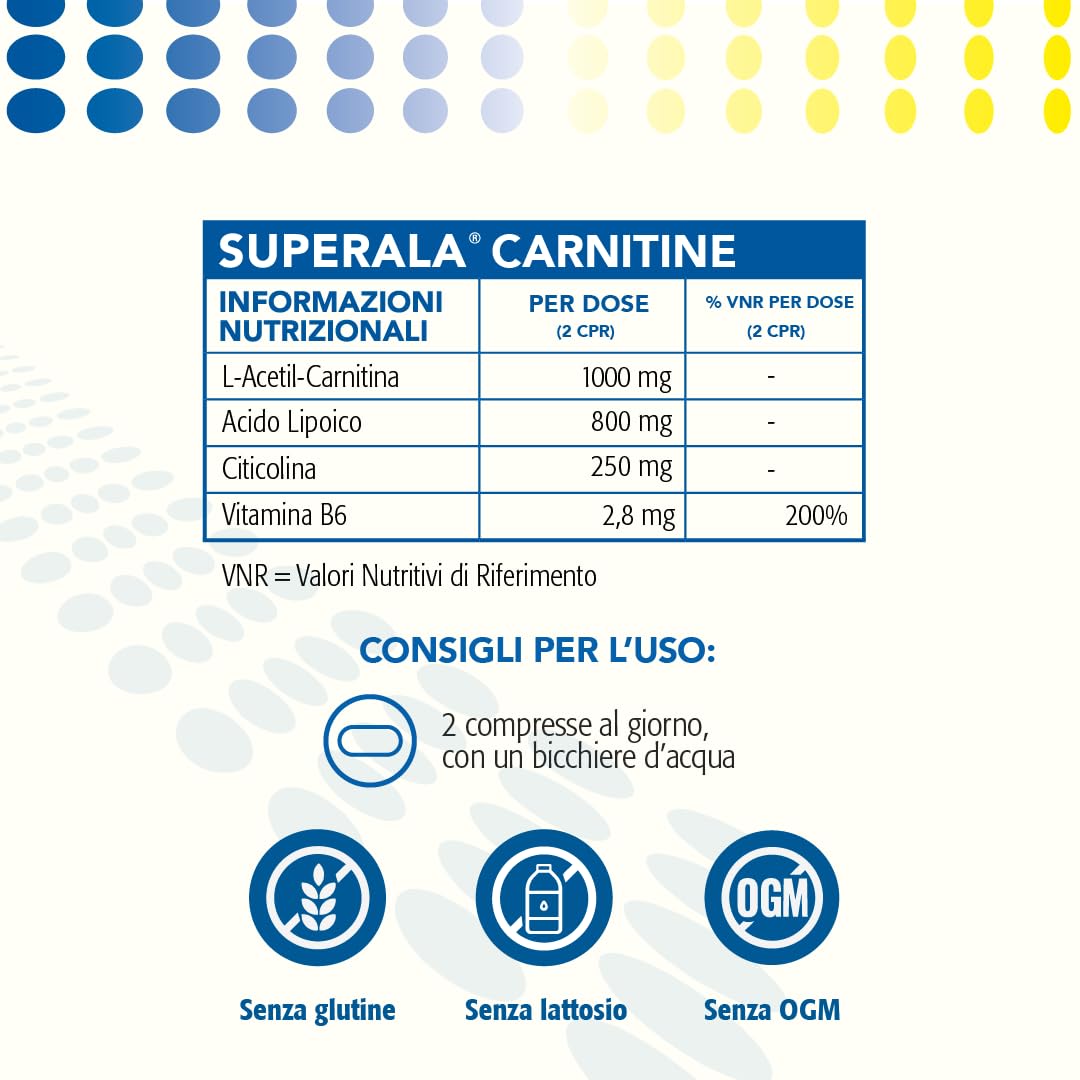 SuperAla Carnitine Integratore Alimentare che agisce sui Tessuti Nervosi - a base di L-Acetil-Carnitina, Acido Alfa-Lipoico, Citicolina e Vitamina B6-30 compresse