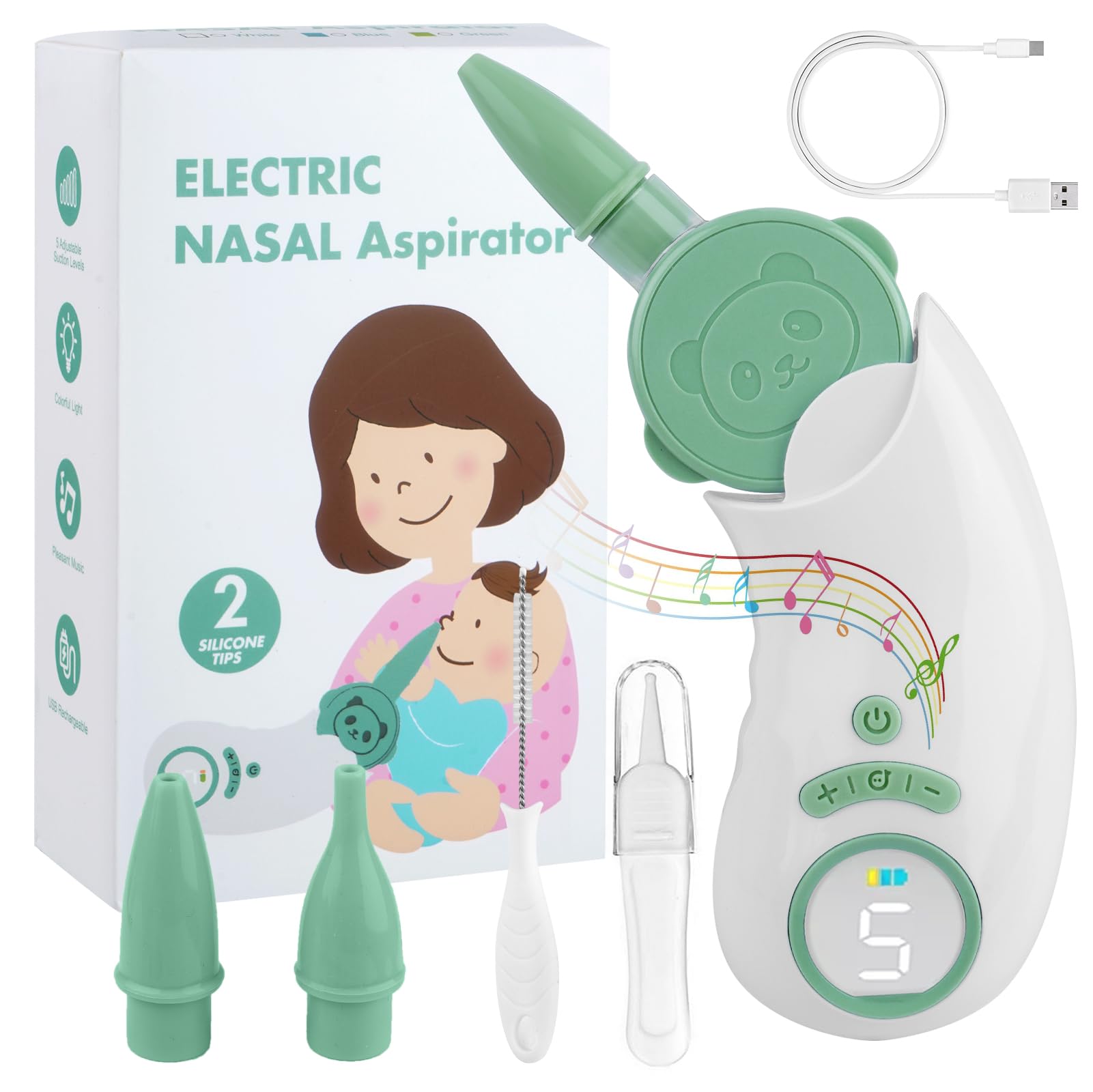 Aspiratore Nasale Neonato Elettrico con 5 Livelli di Aspirazione, Aspiratore Nasale Elettrico con Display, Ricaricabile Aspira Muco Neonato con 2 Beccucci in Silicone, Pinzette e Funzione Musica