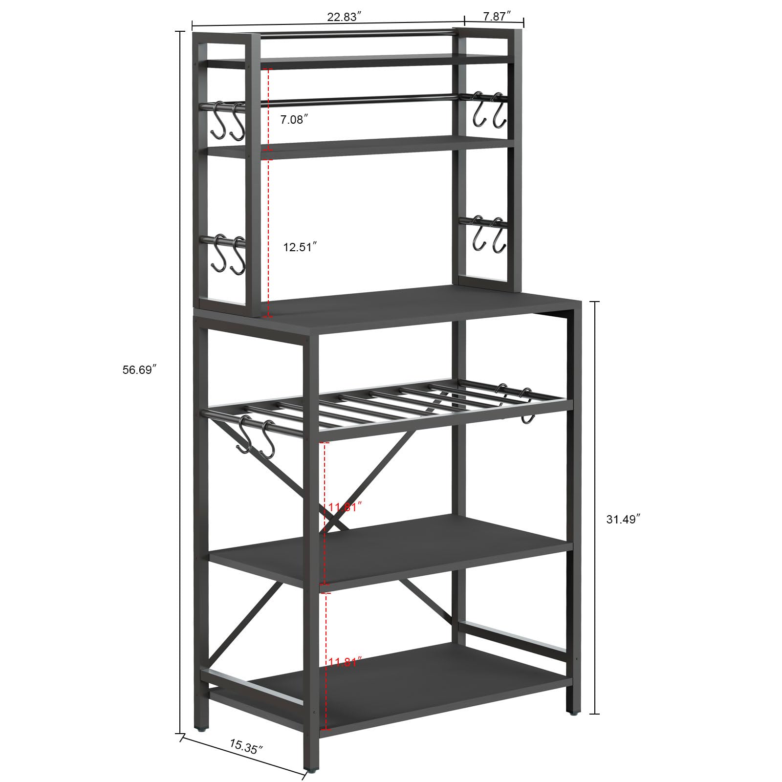 YMYNY Scaffale da Cucina, Scaffale da Panetteria, Portaoggetti a 6 livelli di 12 ganci, per Microonde, Struttura in Metallo, Stile industriale, 58 x 39 x 144CM, Nero HBR003B