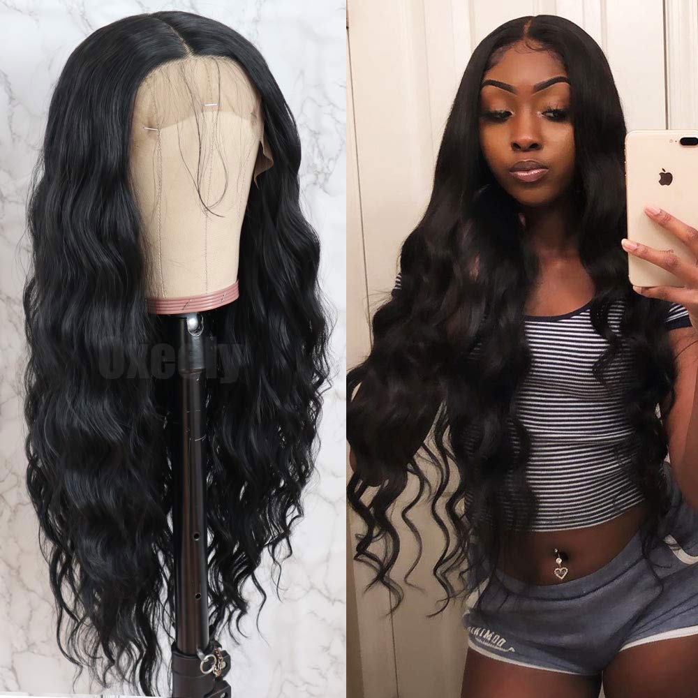 Black Long Loose Curly Wavy Glueless Lace Front Wigs for Women Heat Resistant Synthetic Lace Front Wigs with Baby Hair Natural Hairline