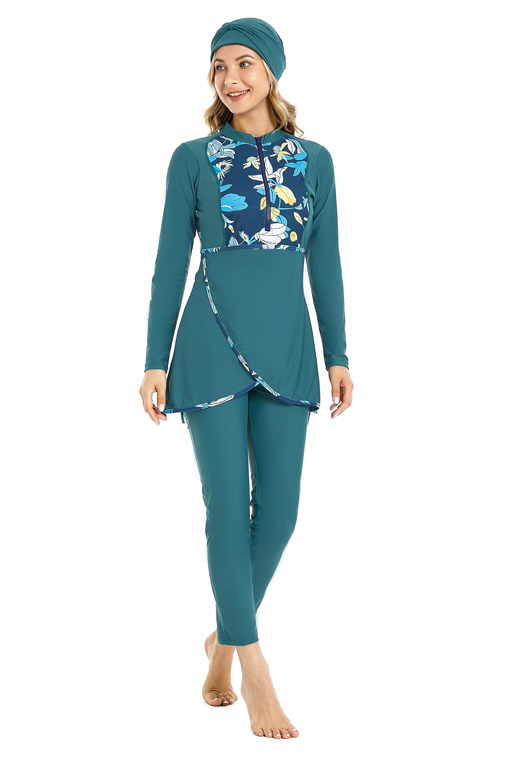 Costume da Bagno Musulmano Modesto per Le Donne Costume da Bagno Hijab Patchwork Sportivo a Maniche Lunghe Costume da Bagno Islamico Burkinis