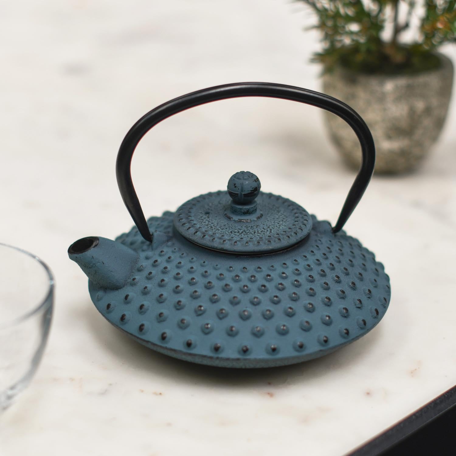 Black Country Metal Works Light/Blue/Black & Cast Iron "Ushirode Kyusu" Japanese Style Teapot