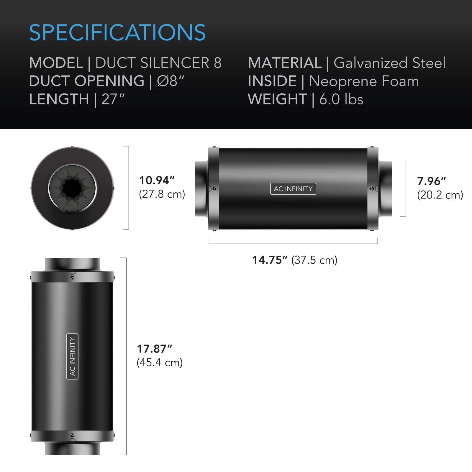 AC Infinity Silenciador, 200mm de ventilador de conducto en línea, silenciador de reducción de ruido de para sistemas de ventilación hidropónicos de interior, tienda de cultivo
