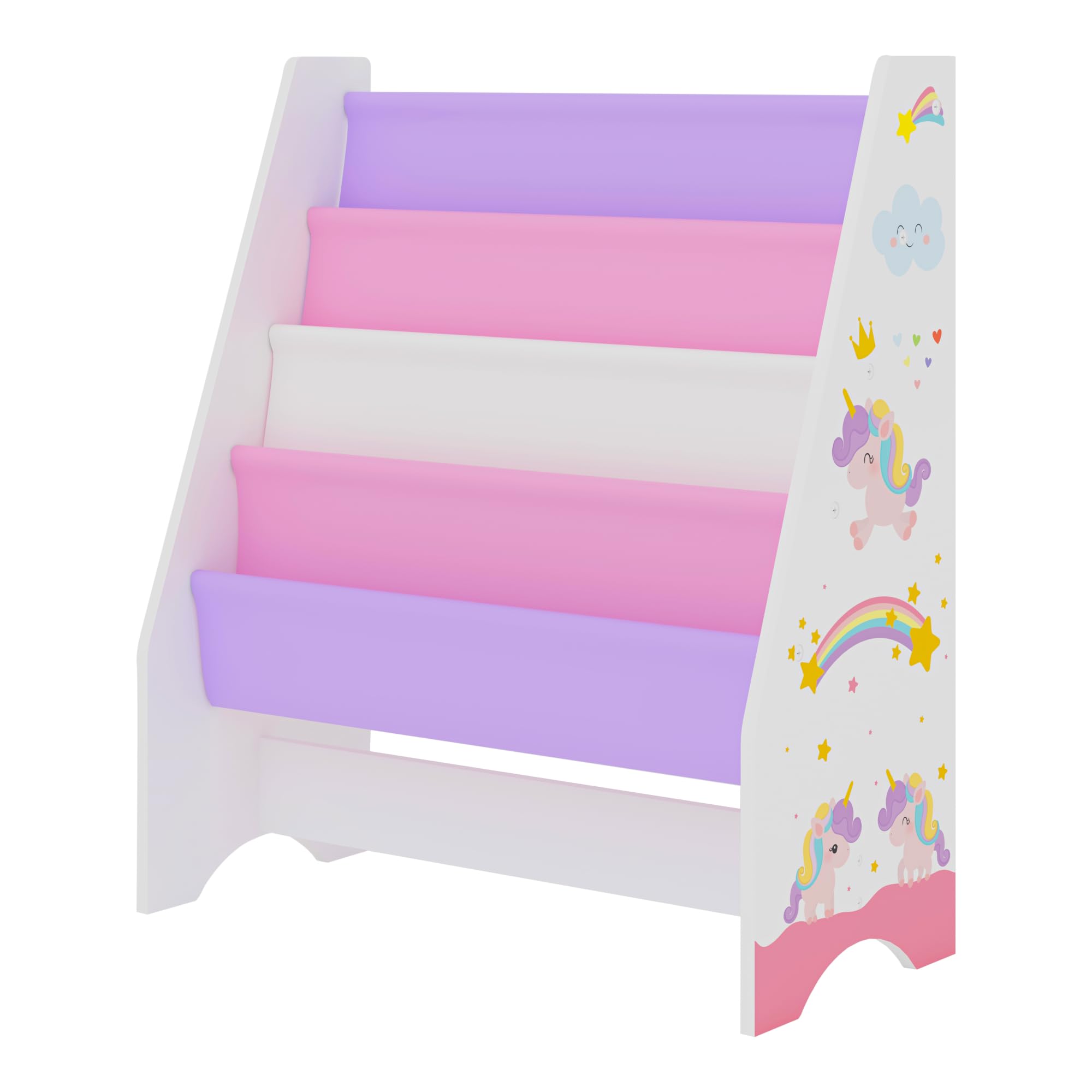 [en.casa] Scaffale per Cameretta con 4 Contenitori Morbidi a Scaletta - Mobile Porta Libri a Misura di Bimbi - Decorazione Unicorno - Rosa/Viola