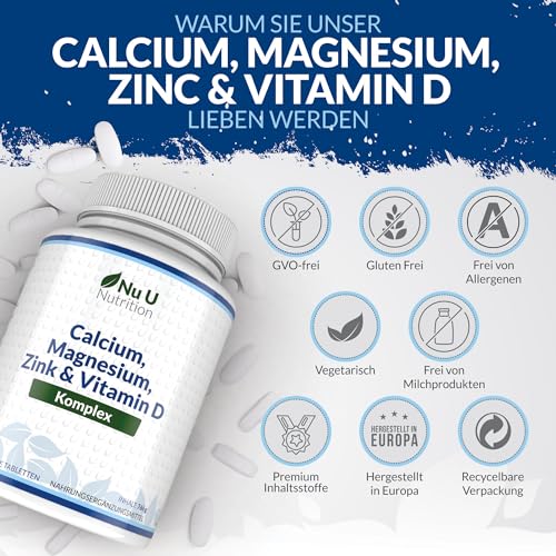 Calcium Magnesium Zink Hochdosiert - 365 Vegetarische Tabletten - 6 Monate - Kalzium Complex mit Vitamin D, Selen, Mangan, Bor & Kupfer - 800mg Calciumcarbonat pro Tagesdosis - Nu U Nutrition