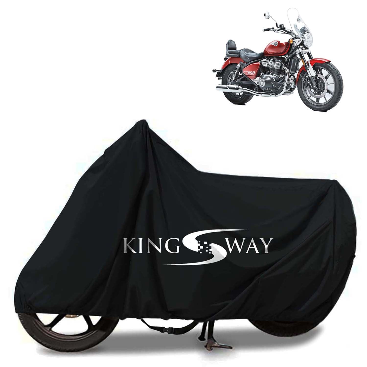 KINGSWAY® 100% Waterproof Bike Body Cover Compatible with Royal Enfield Super Meteor 650, for All Two Wheeler Bike Scooter Scooty with Carry Bag - Rubber Coated Inside for Scratch Protection - Black (B0BW98RK35) Amazon Price History, Amazon Price Tracker