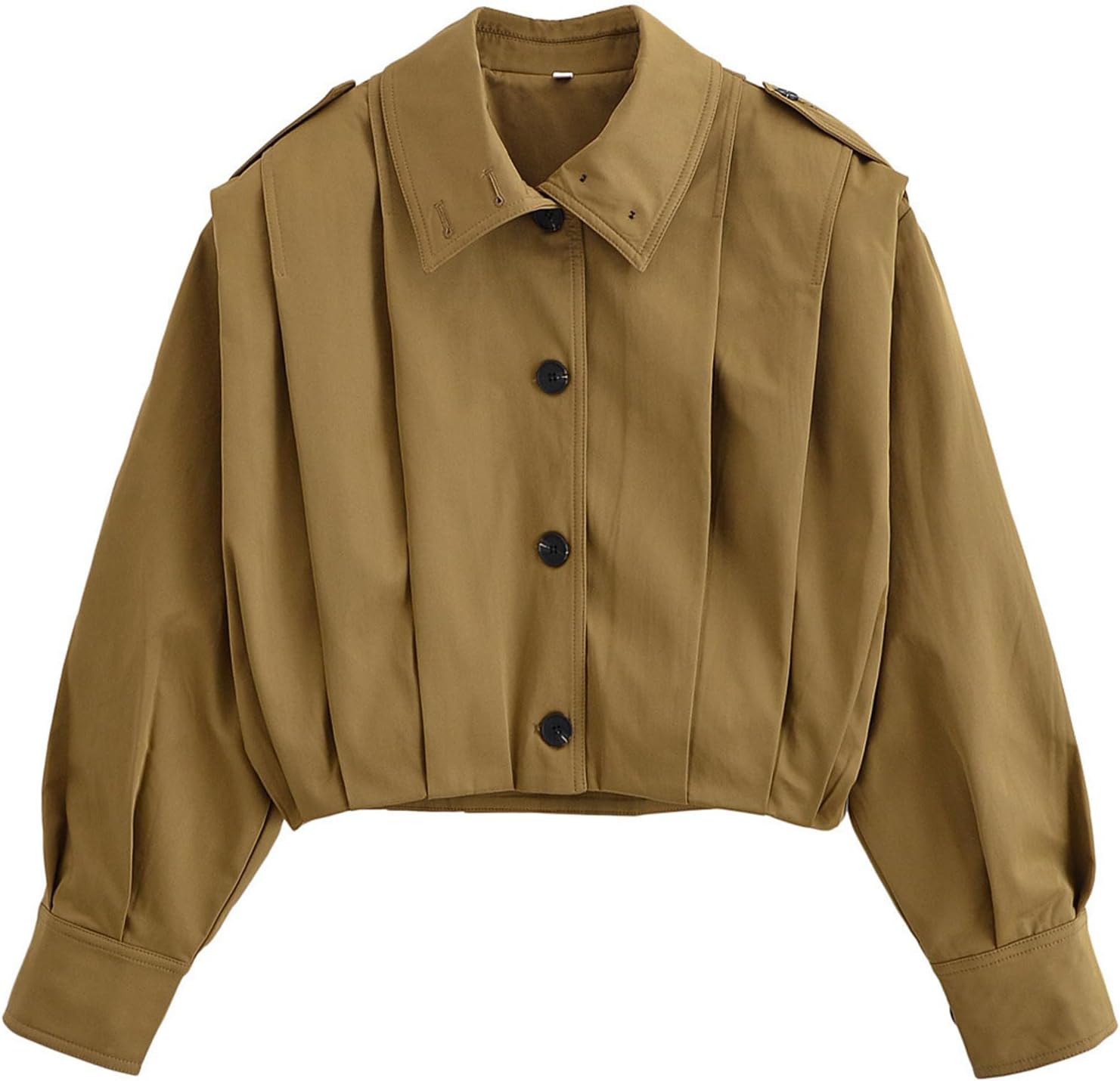 Women's Cropped Pleated Jacket Long Sleeve Collared Button Down Casual Short Trench Coat Spring Fall Outerwear