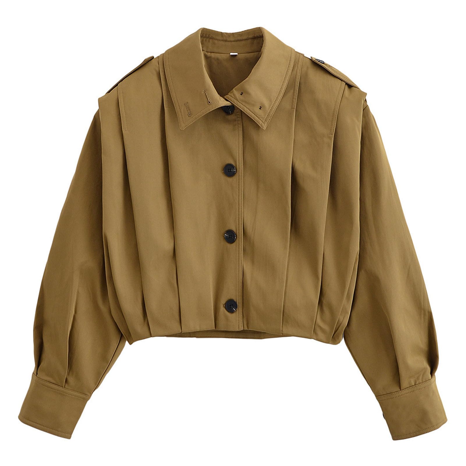 Womens Cropped Pleated Jacket Long Sleeve Collared Button Down Casual Short Trench Coat Spring Fall Outerwear