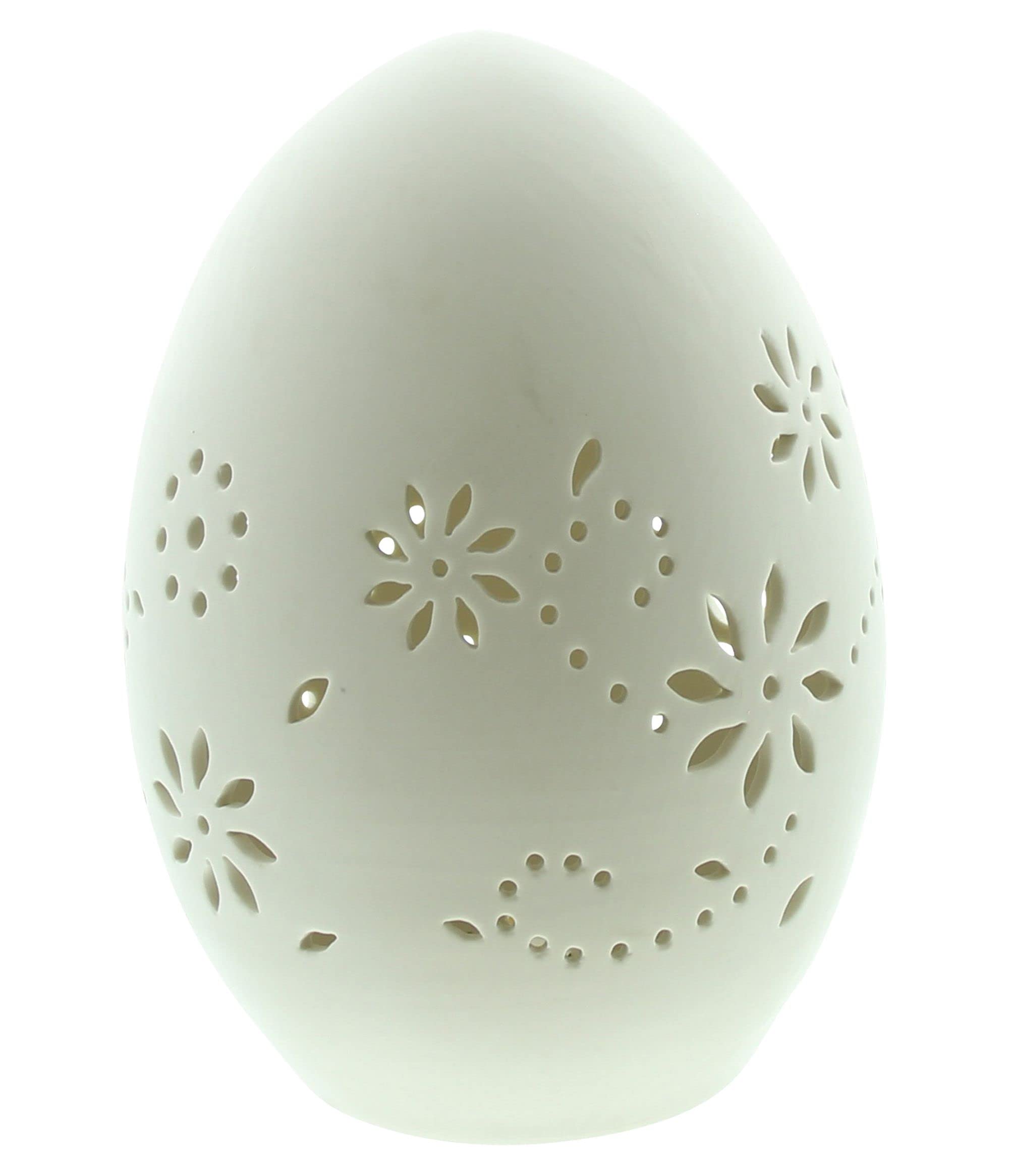 FRANK FLECHTWAREN LED-Ei Blüten, Zeitlose schöne Osterdeko aus Porzellan, Ø 14 x 20 cm