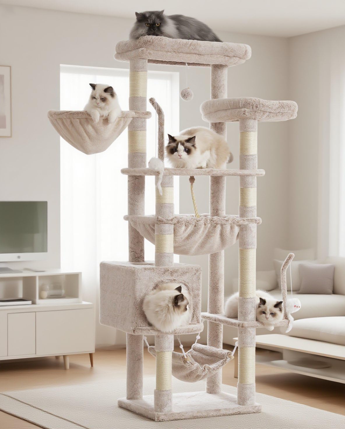 Gitelsnour Cat Tree, Cat Tower for Large Cats with 2 Big Platforms, 2 Baskets, condo and Toys, 63" Cat Scratching Posts for Indoor Cats, Muchroom