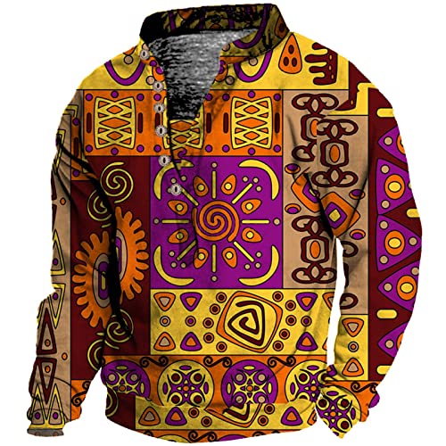 Camiseta masculina de manga comprida com botões e estampa tribal para uso ao ar livre, Amarelo, G