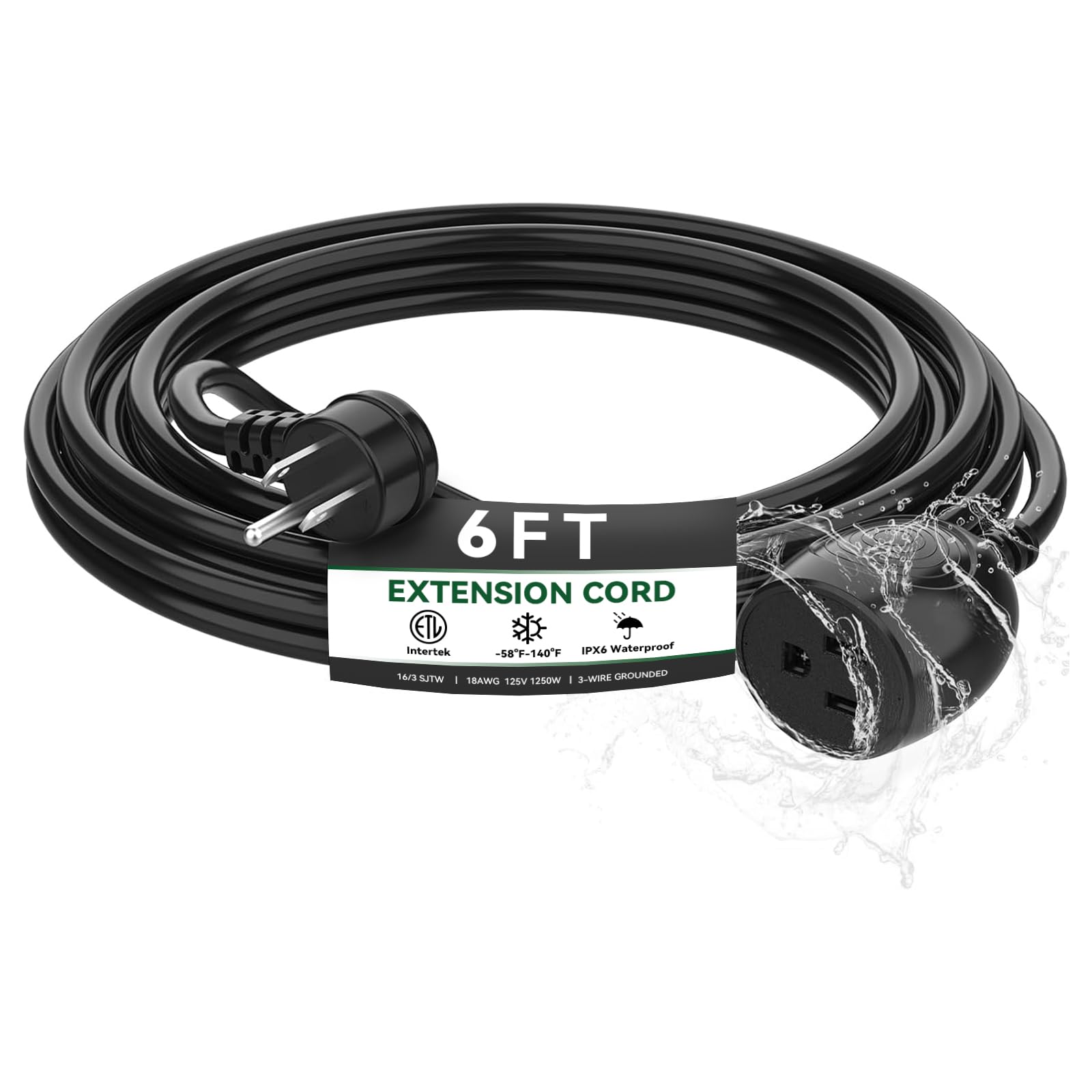 Cable de extensión impermeable de 6 pies, resistente al agua, IPX6, resistente al agua, clima frío y al fuego, cable de 3 clavijas, 18AWG 125V 10A, certificado FCC/ETL