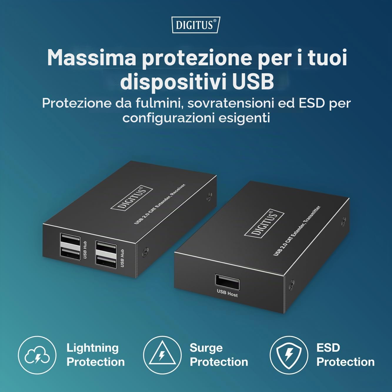 Digitus Extender USB 2.0 su Ethernet – Hub USB-A a 4 Porte – Raggio di 150 m con Cavo di Rete Cat 6 – 480 Mbps – Nero