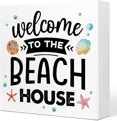 Decoración de escritorio de verano, letrero de madera con texto en inglés "Welcome to the Beach House", decoración de escritorio de madera rústica