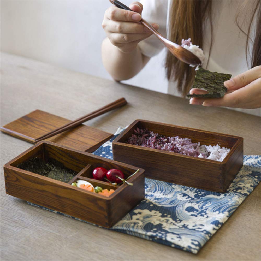 Boîte À Bento Contenants À Lunch Traditionnels Japonais en Bois Naturel, Boîte À Sushi en Bois Massif, Boîte À Couverts Rectangulaire À Double Couche pour Pique-Nique Sushi