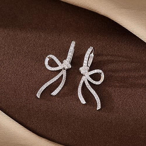 SLUYNZ Sterling Silver CZ Bow Hoop Earrings for Women Teens Rhinestone Bow Hoop Earrings Huggie Drop 5