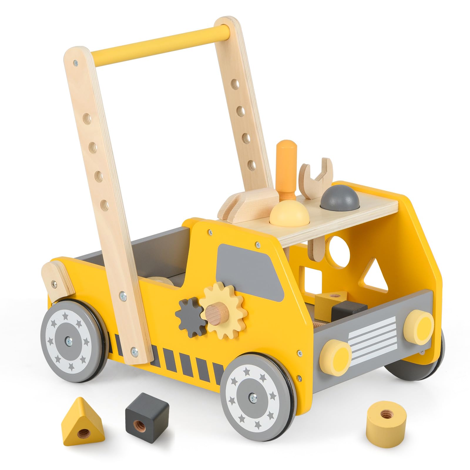 COSTWAY Wooden Baby Walker, 2 in 1 Push Along Walkers and Toy Tool Bench with Adjustable Speed, Bottom Storage, Toddler Activity Walker for Develop Motor Skills & Creativity (Yellow)