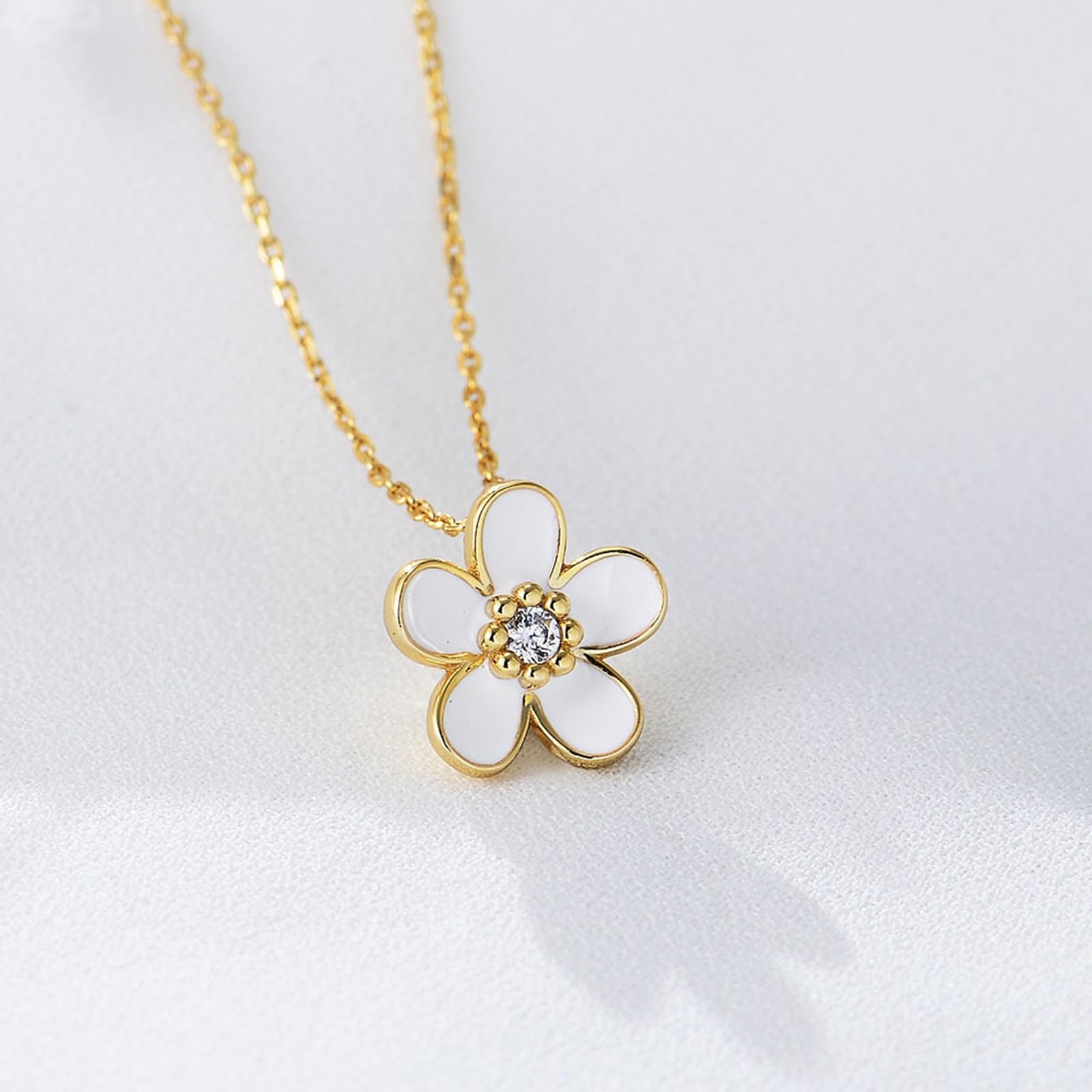 Collar con colgante de flor para mujer, cadena de oro amarillo de 9 quilates, 14 quilates, 18 quilates con diamante, collar con colgante individual para ella, 40 + 5 cm