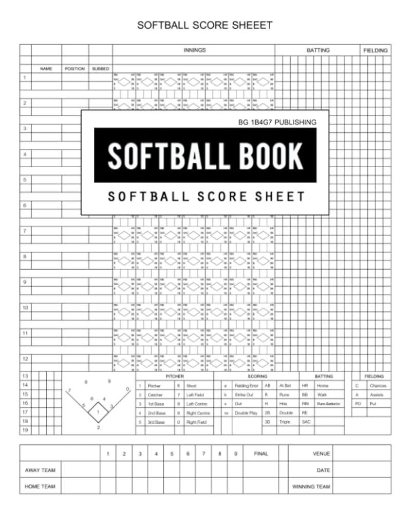 Softball Score Sheet: Softball Scoring Game Record Keeper has many spaces on which to record batting and fielding statistics for each inning with players positions: Publishing, BG 1B4G7: 9798423393786: Amazon.com: Books softball-score-sheet-softball-scoring-game-record-keeper-has-many-spaces-on-which-to-record-batting-and-fielding-statistics-for-each-inning-with-players-positions-publishing-bg-1b4g7-9798423393786-amazon-com-books