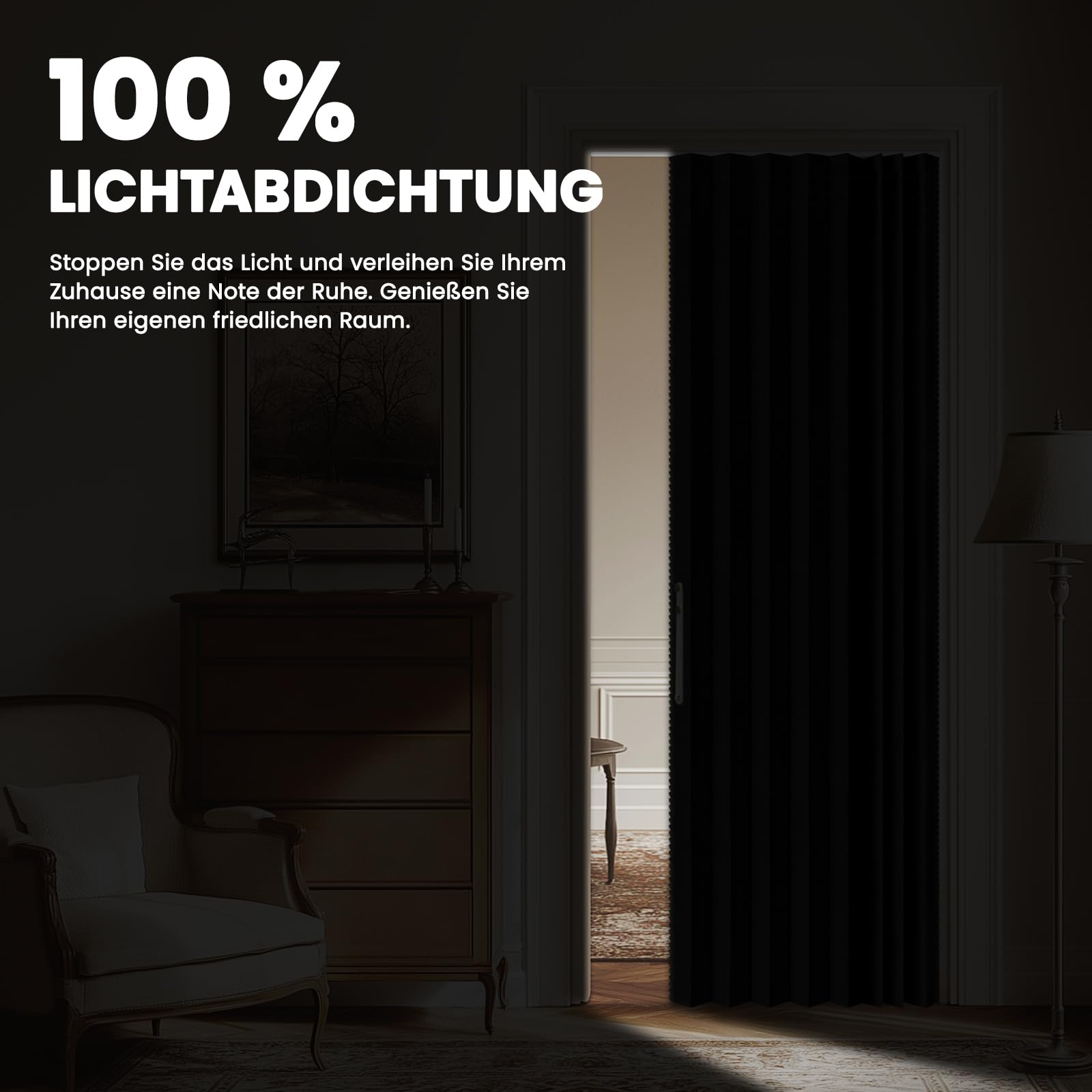 AJAZZ 100% Verdunkelung Türvorhang Ohne Bohren, Schwarz, B140 x H201 cm, Magnetischer Schiebetürvorhang mit Schienen, Akkordeon Faltdesign
