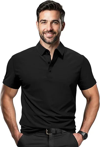 Polo Shirts for Men: Quick Dry Moisture Wicking High Elasticity Convenient Snap Buttons Athleisure Short Sleeve Top Black