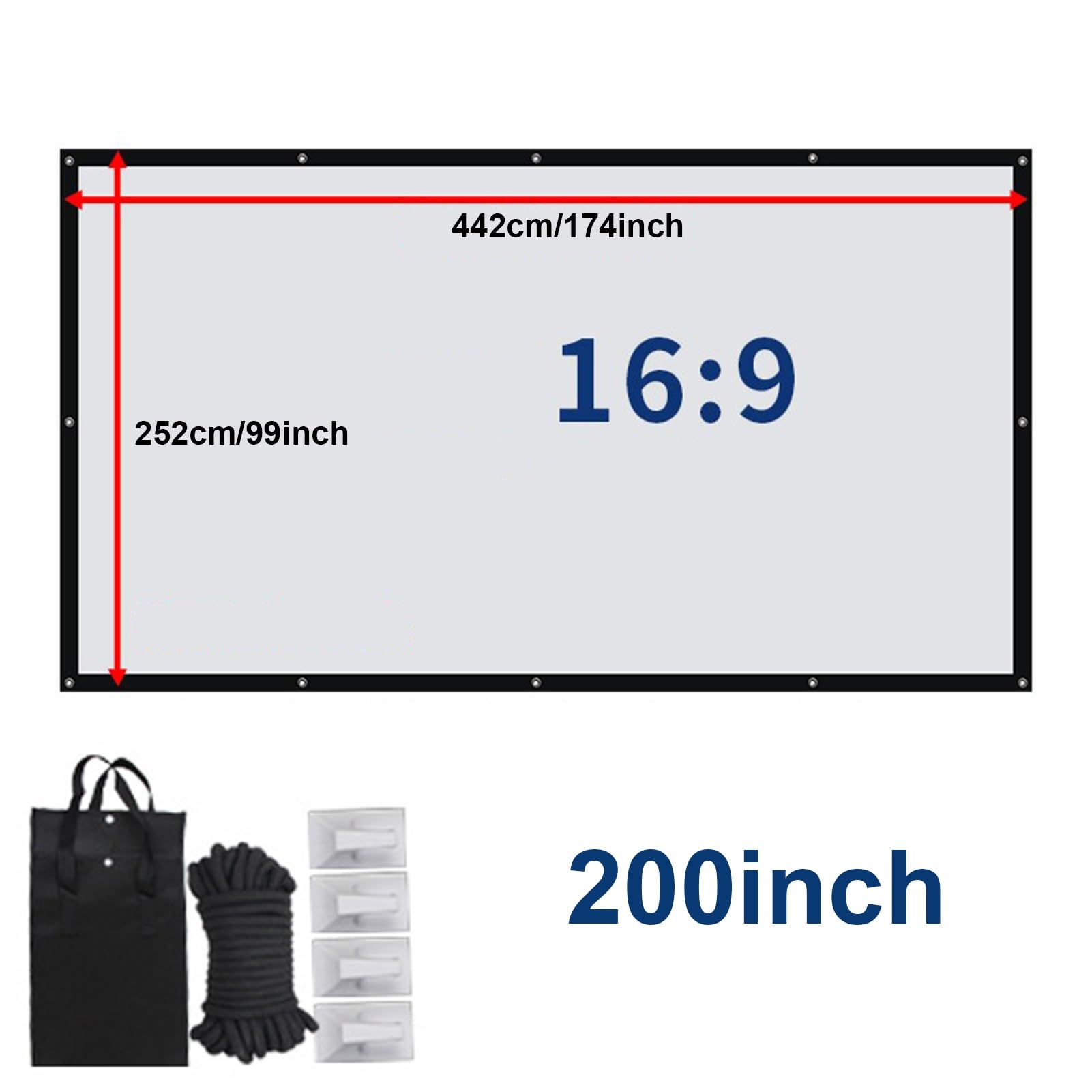 Schermo Proiettore 200 Pollici, Schermo Cinematografico per Esterni Portatile Pieghevole Lavabile, Area Immagine 174x99 Pollici, con Borsa e Ganci