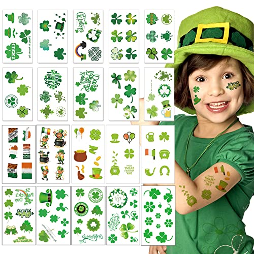 AOYOO St Patricks Day Tattoos, 20 Unique Sheets Shamrock Patterned Tattoos Sickers, St. Patrick's Day Face Tattoos for Kids, Irish Parade and Party Favors Decoration