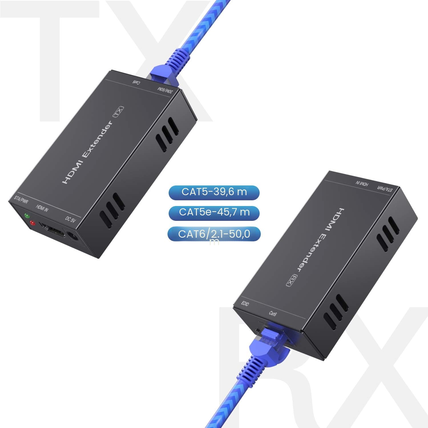 PWAYTEK Extensor HDMI 1080P@60Hz 3D, transmisión sin compresión 50m Cat5e/Cat6/Cat7, funciones EDID y POC, set transmisor y receptor (Negro)