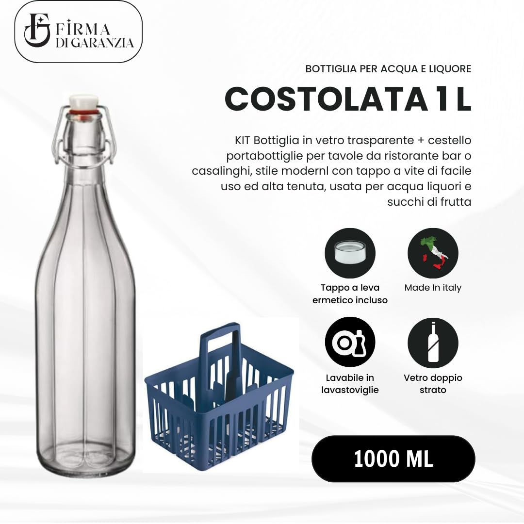 SET 6 PZ BOTTIGLIE VETRO 1 LITRO PER ACQUA VINO LIMONCELLO LIQUORE DRINK CON PORTABOTTIGLIE IN PLASTICA - BOTTIGLIE ACQUA IN VETRO 1 L CON CESTELLO PORTABOTTIGLIE PLASTICA BLU COBALTO