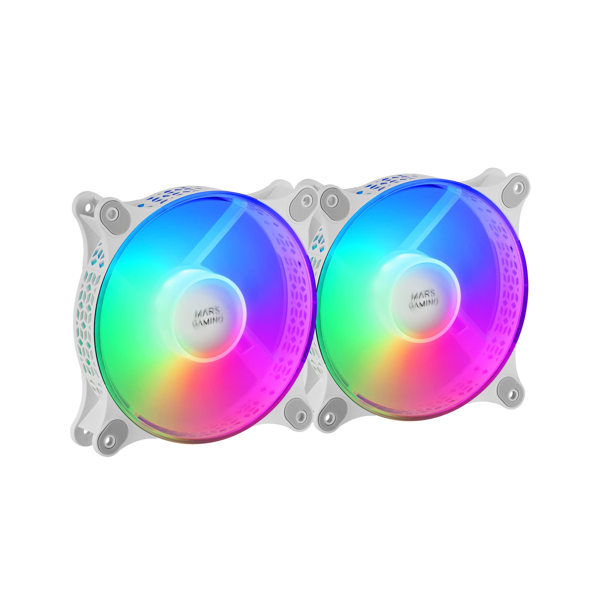 Mars Gaming MFDUO, Kit 2x Ventiladores de 120mm FRGB Rainbow 360°, Ultra-silencioso, Doble Conexión 3PIN + 4PIN, Blanco