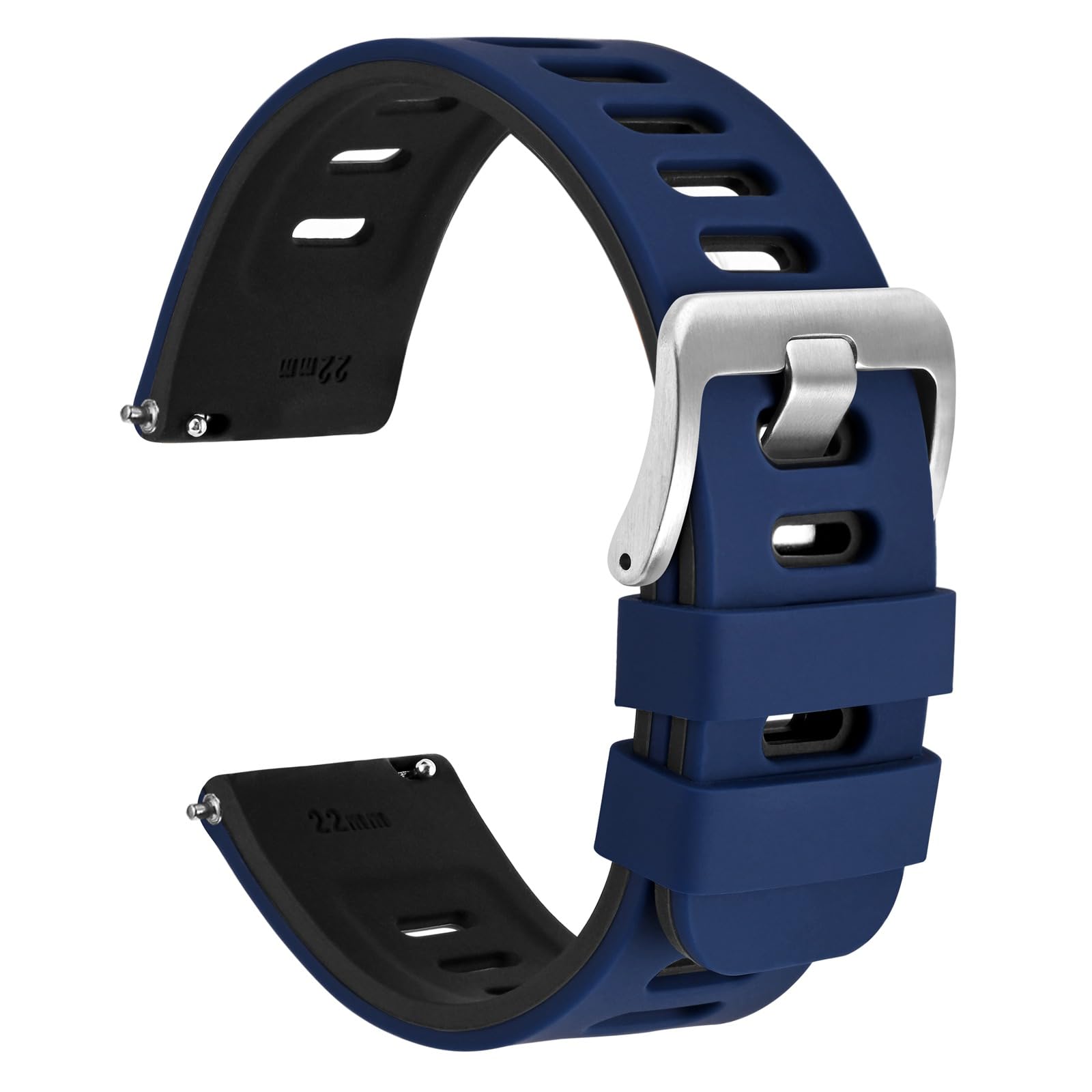 WOCCI 18mm Bicolor Watch Band, Silicone Rubber, Quick Release Replacement Strap for Men and Women, Silver Stainless Steel Buckle (Blue-Black)