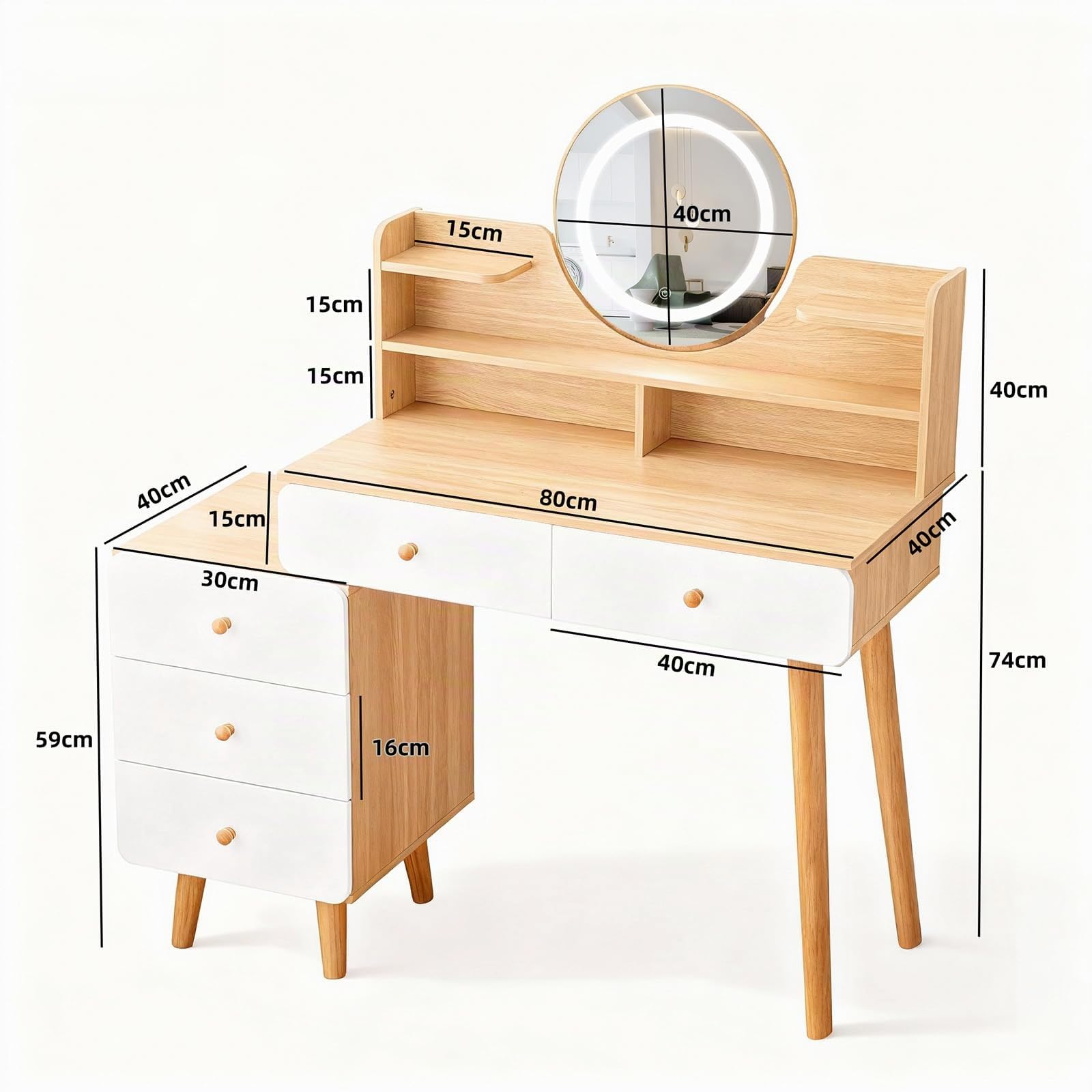 Tocador con Espejo LED, Mesa de Maquillaje con 5 cajones y 6 estantes de Almacenamiento, 40 x 80 x 134 cm, Escritorio tocador con Almacenamiento Extensible, Estilo Moderno de Madera, Blanco