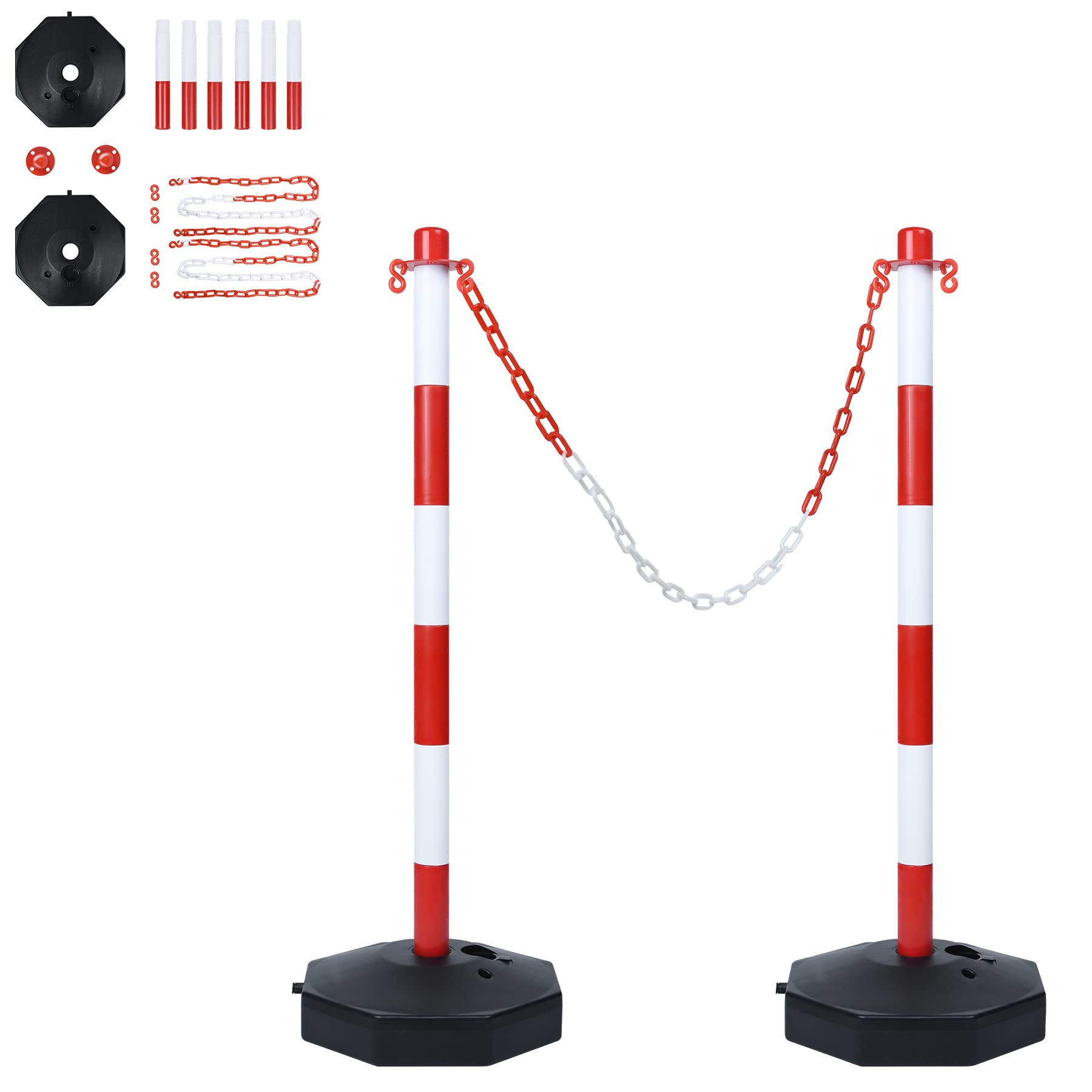 Lot de 2 poteaux de chaîne en plastique 82 x 28 x 28 cm avec chaînes 1,4 m rouge+blanc