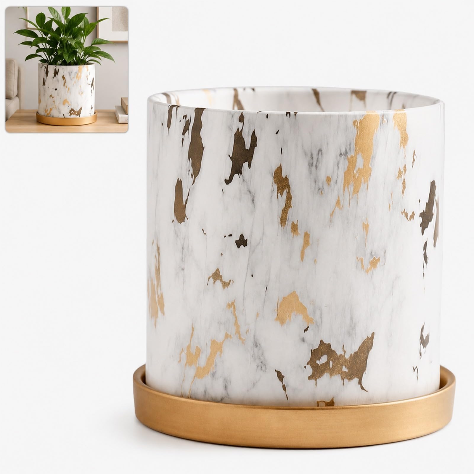 TJKK Marble Ceramic Planter Pot with Gold Saucer Indoor Plant with Drainage Hole Succulent Flower Pots (gold,11cm)