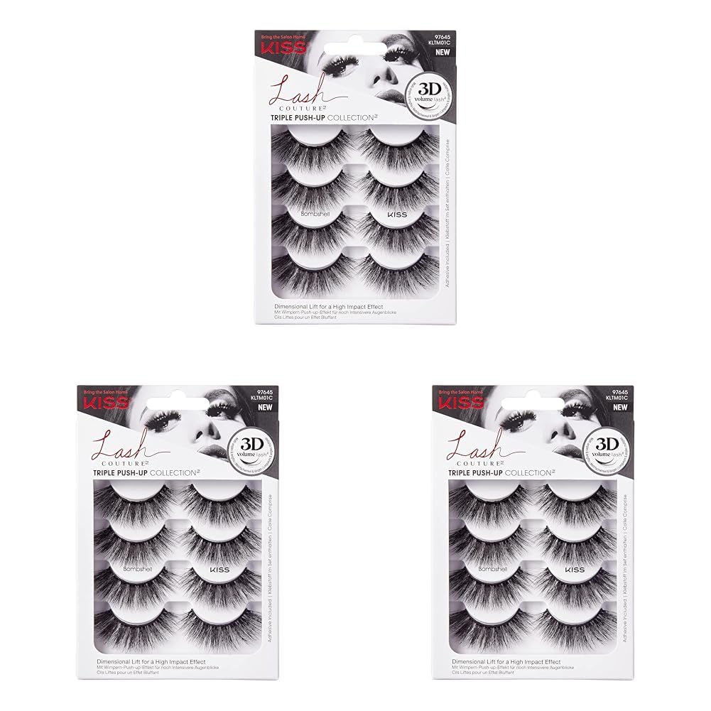 KISS Lash Couture Triple Push Up Collection 4 Paar künstliche Wimpern, Bombshell, Fake Lashes mit 3D-Volumen, tierversuchsfrei, wiederverwendbar, inklusive Wimpernkleber Schwarz (Packung mit 3)