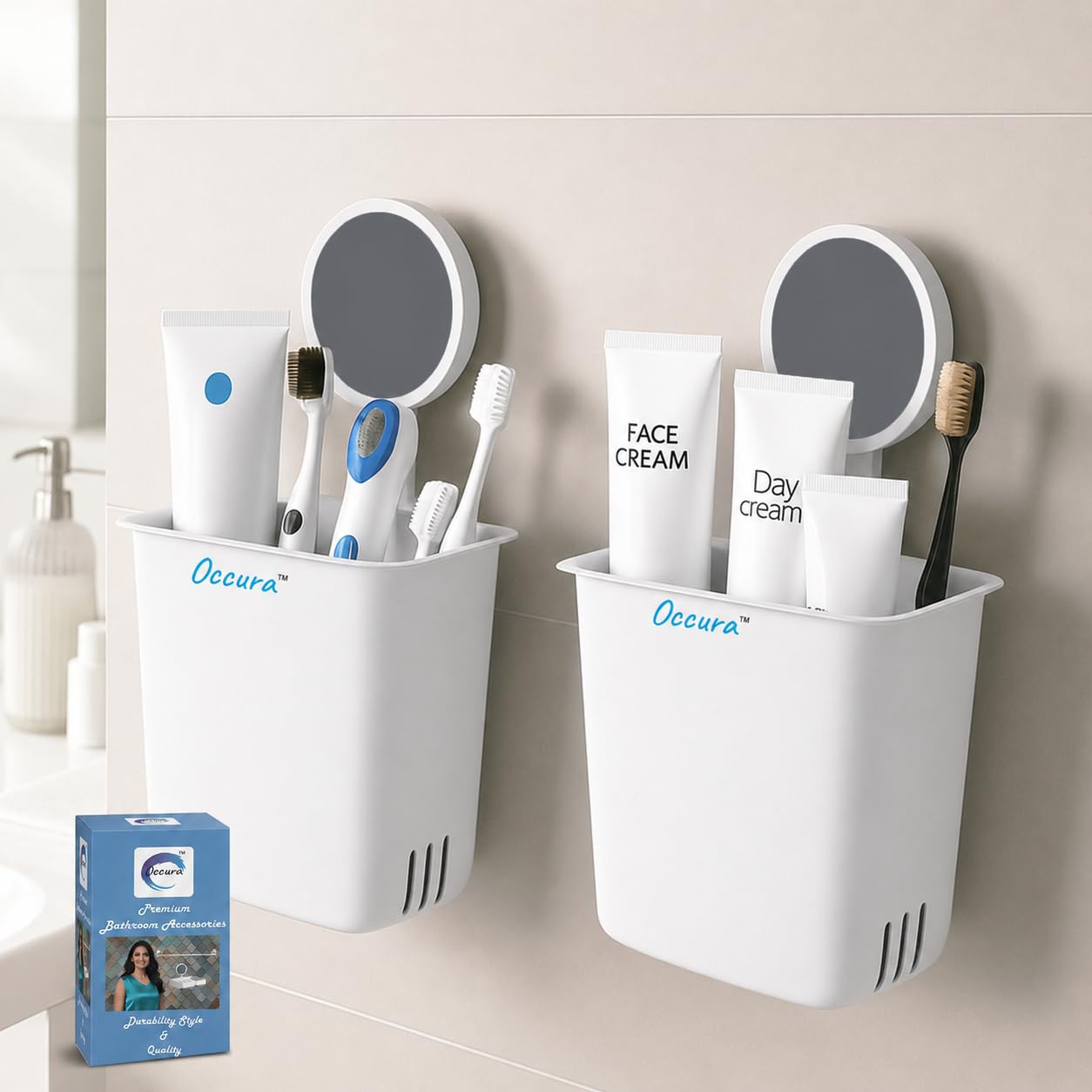 OCCURA Toothbrush Holders for Bathroom Wall | Self Adhesive Brush Stand Pack of 2 | Drill Free Organizer for Washroom Essentials Trimmer | Plastic White