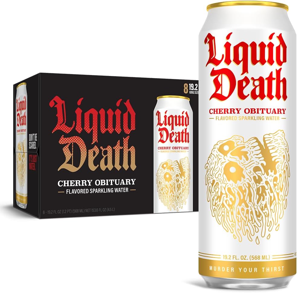 Liquid Death, Cherry Obituary, Cherry-Flavored Sparkling Water, 8-Pack (19.2oz Cans), Low Calorie & No Artificial Sweeteners