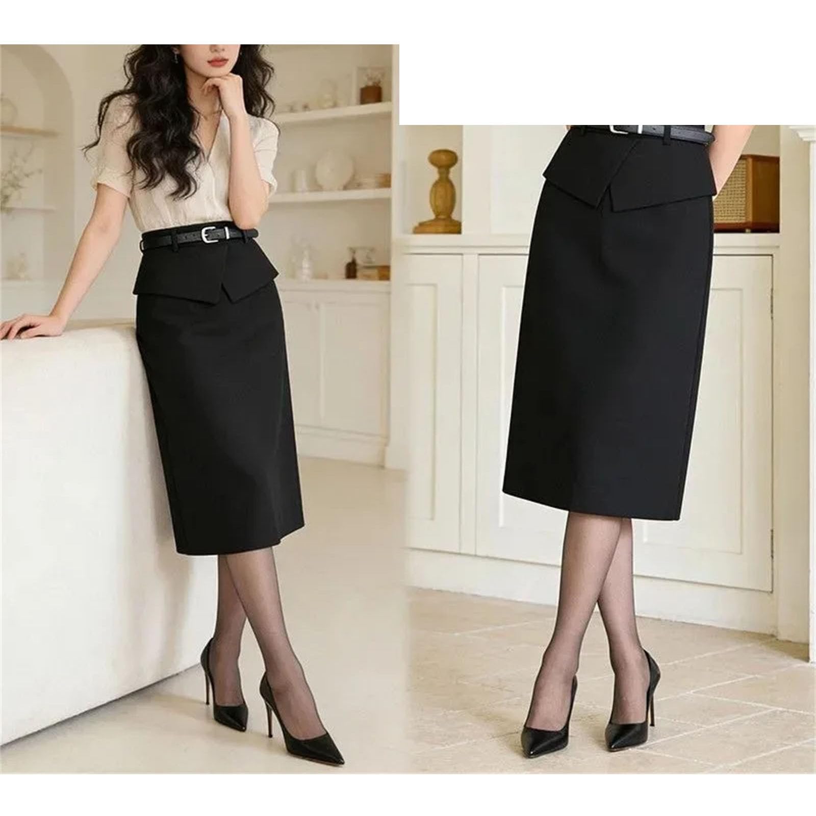 Falda midi entallada para mujer, cintura alta con cinturón, diseño dividido, faldas elegantes para oficina y trabajo