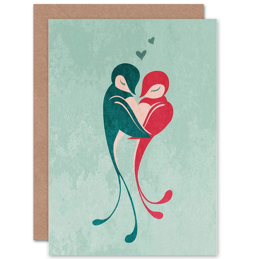 Wee Blue Coo LOVE BIRDS EMBRACE HEARTS TEXTURE ART GREETINGS GREETING CARD GIFT