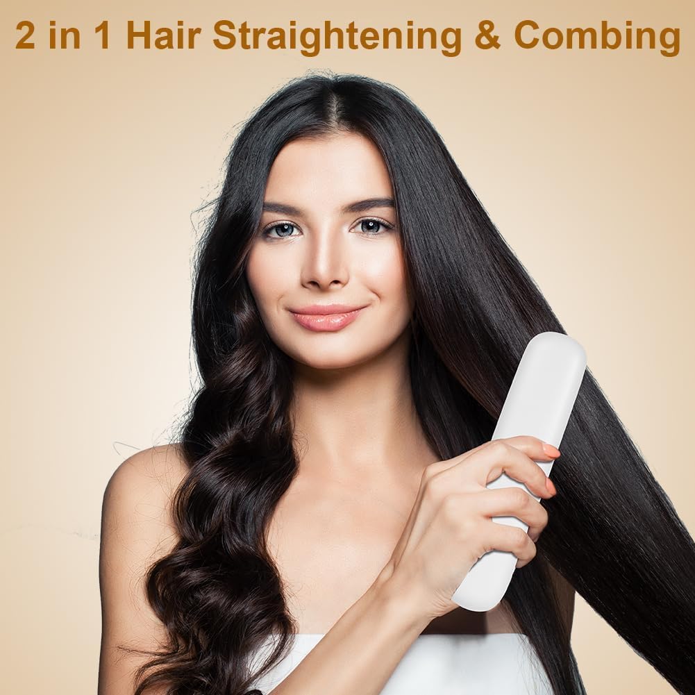 Clinora - Spazzola lisciante per capelli corti, senza fili con indicatore LED, spazzola lisciante e spazzola per lo styling, 3 livelli di temperatura, per capelli lisci, ricci e asciutti, portatile