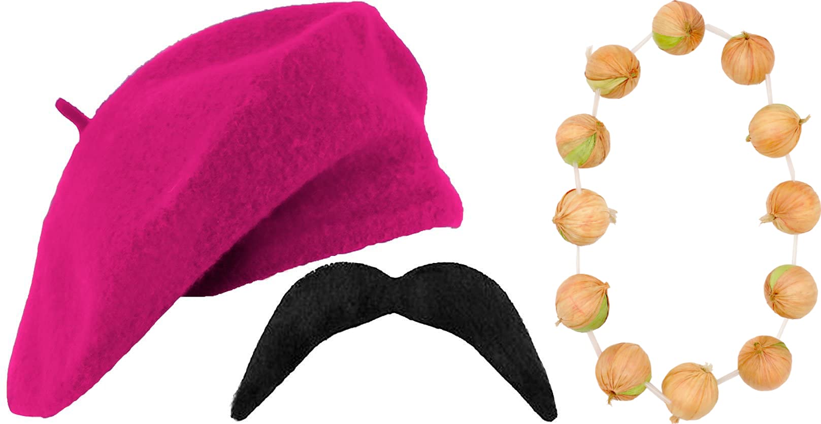 Pink Beret, Onion Garland and Curly Moustache French Set - France Fancy Dress for Bastille Day and French Celebrations
