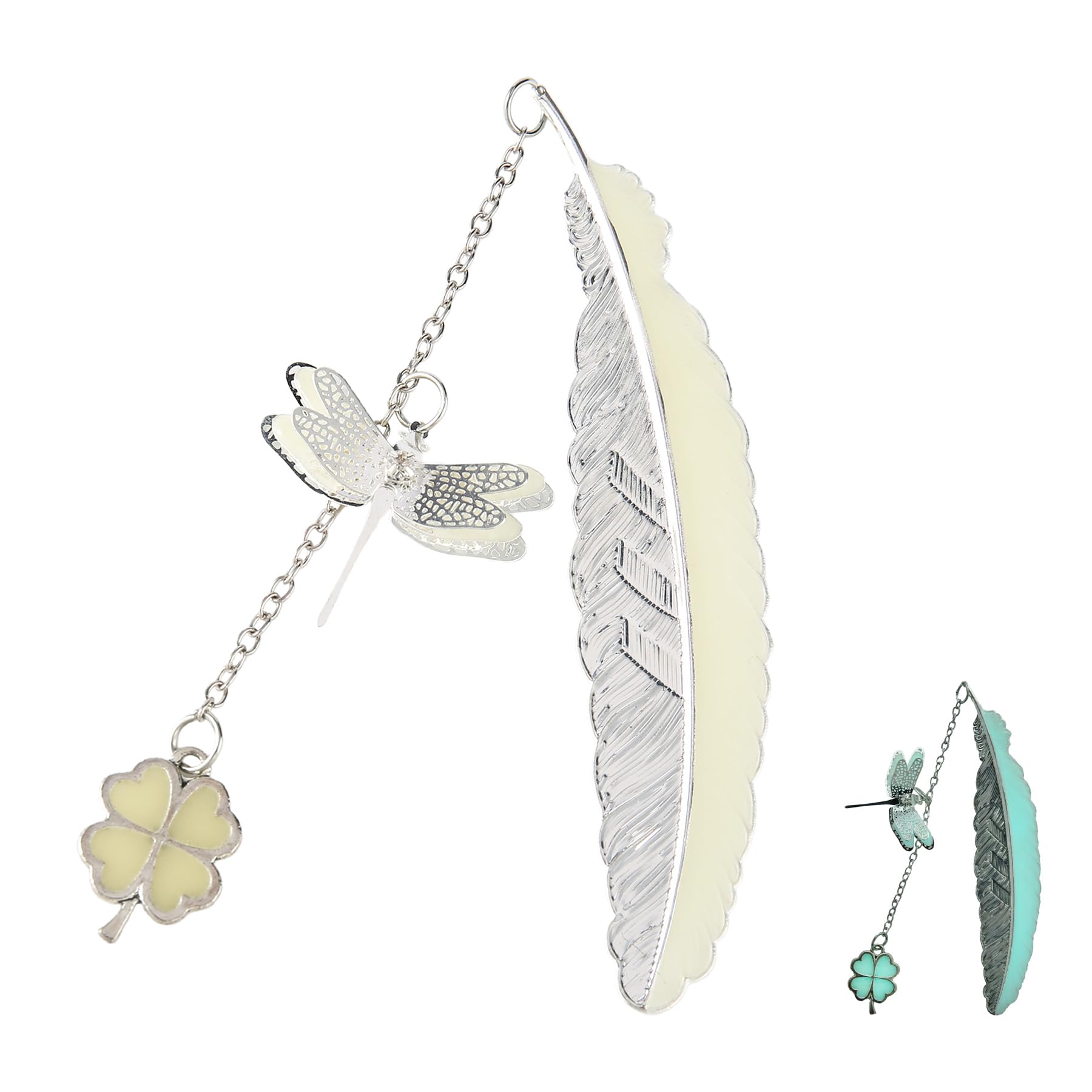 Wasise Dragonfly Gifts - Bookmarks for Women, Glow in The Dark Dragonfly Bookmark, Metal Feather Bookmark with Four Leaf Clover, Elegant Bookmarks Gift,Christmas Gift,Halloween Gifts for Friend Women