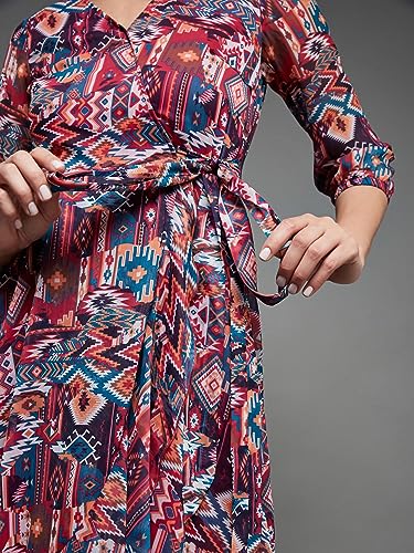 Image of Miss Chase Women's V Neck Full Sleeves Relaxed Fit Midi Length Dress