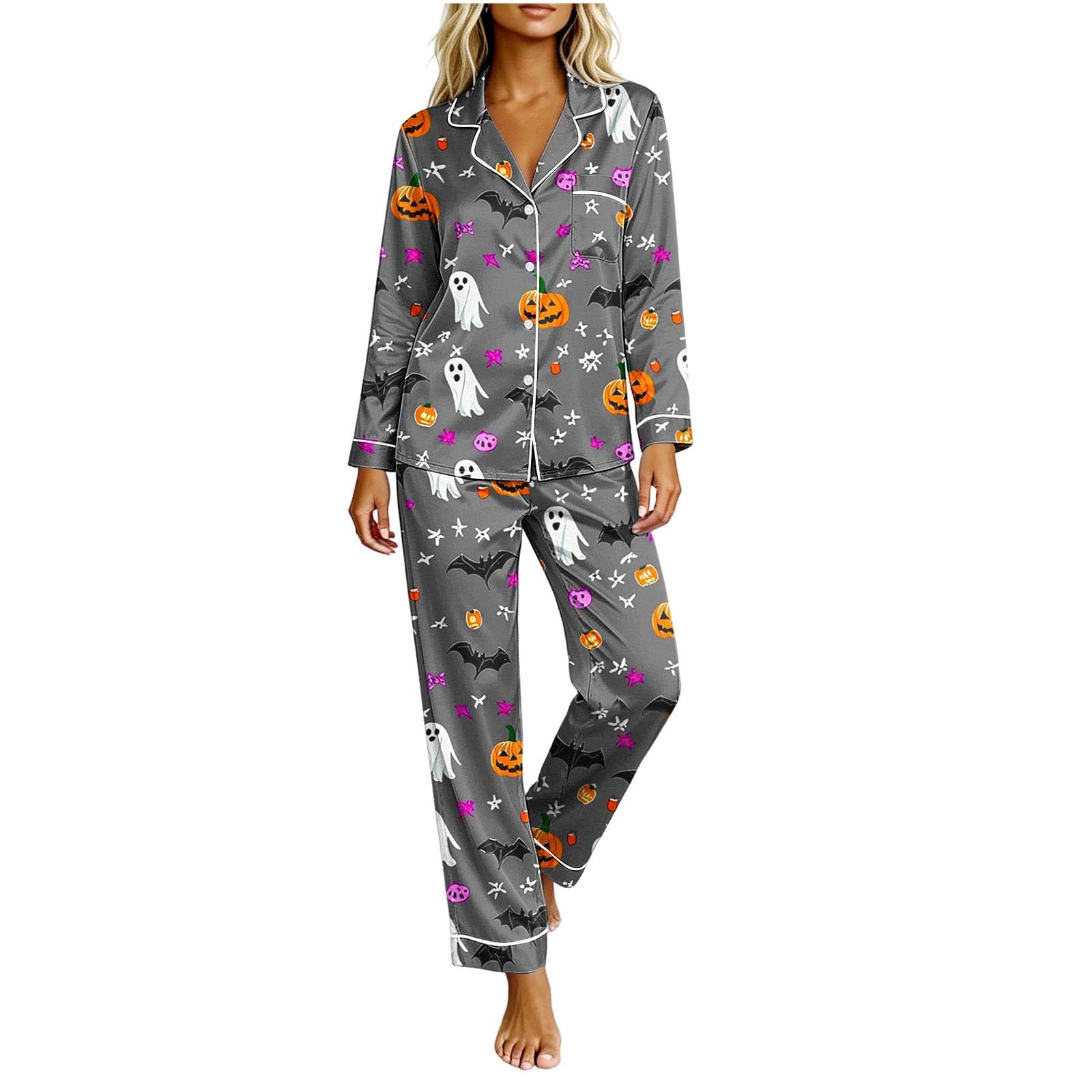 Schlafanzug Damen Baumwolle mit Reverskragen, Halloween Pyjama