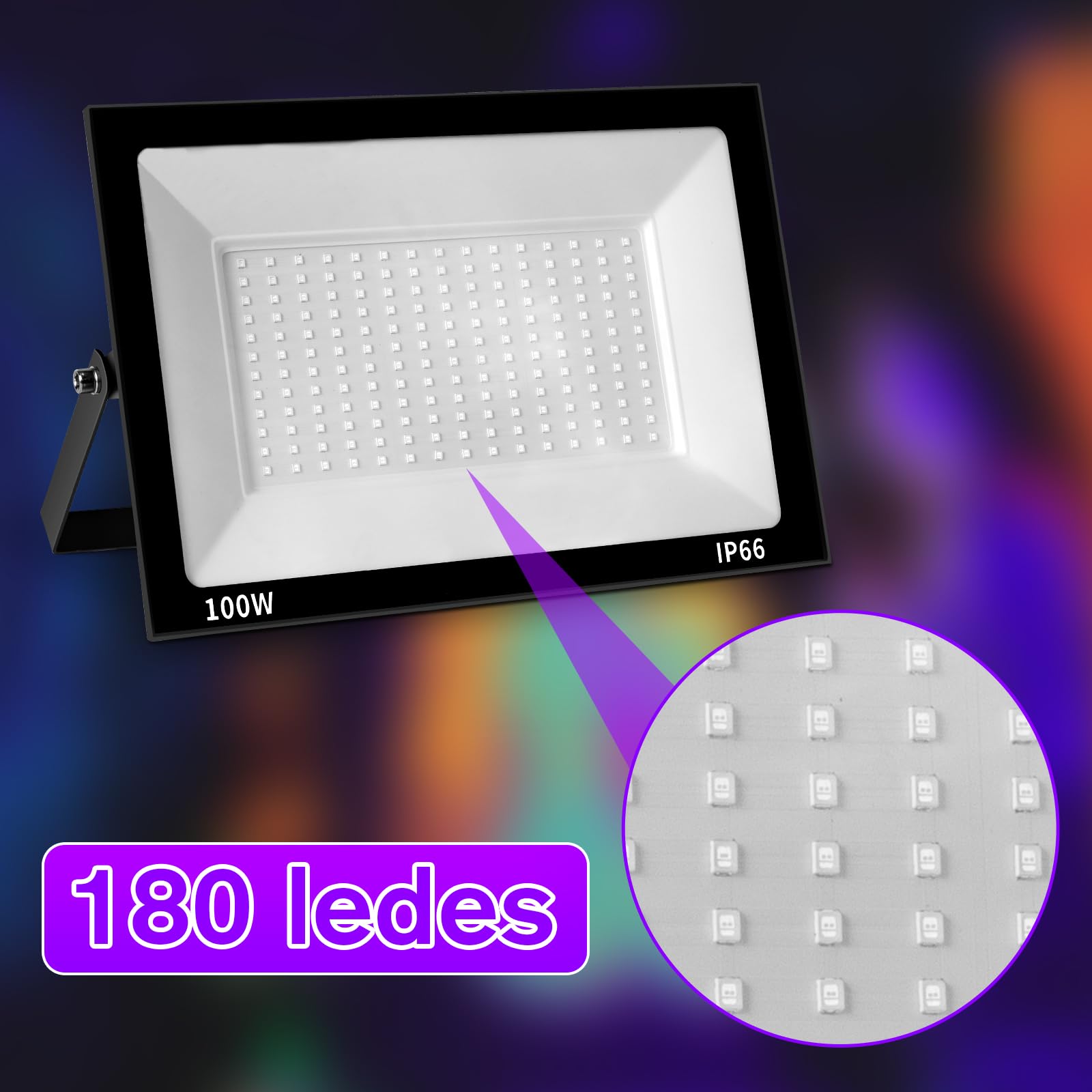 Foco de Luz Negra 100W con 180 LED, Lámpara UV de Aleación de Aluminio, Longitud de Onda 385-400NM, Proyector UV Impermeable IP66 para Efectos Especiales, Seguridad y Fiestas