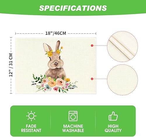 Miniatura 6 de Artoid Mode Juego de 4 manteles individuales de Pascua con diseño de conejo y flores para mesa de comedor, 12 x 18 pulgadas, para primavera, verano,