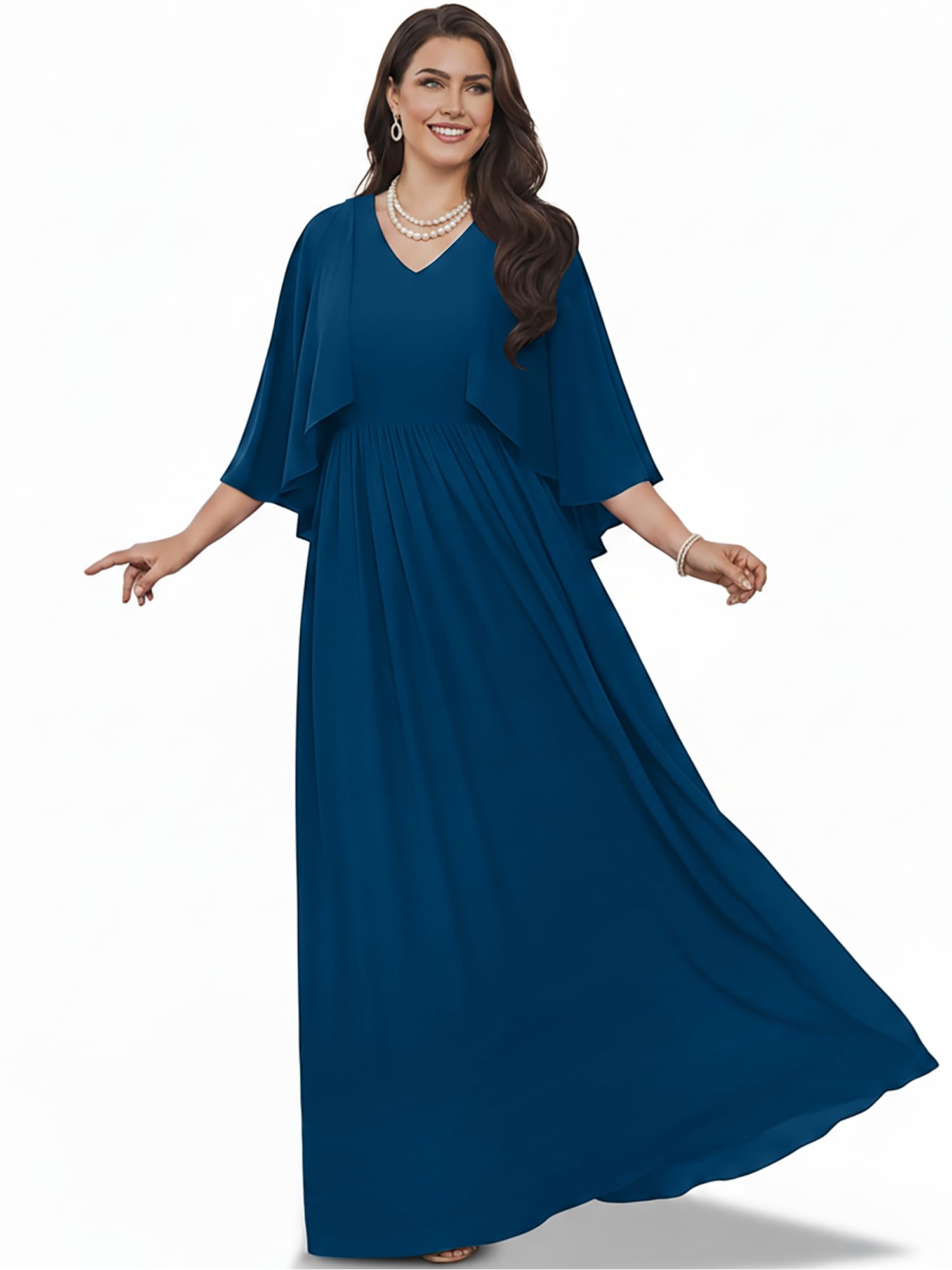 KOH KOH Womens V-Neck Elegant Batwing Cape Sleeves Cocktail Maxi Dress Gown