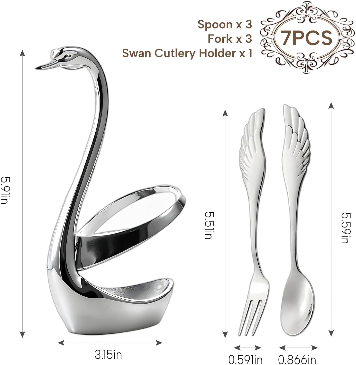 Sliver Swan 12pc Stainless Steel Coffee Spoon Holder with 6pcs Feather Dessert Forks & Demitasse Espresso Spoons, 5.5" Tea Spoon Silverware