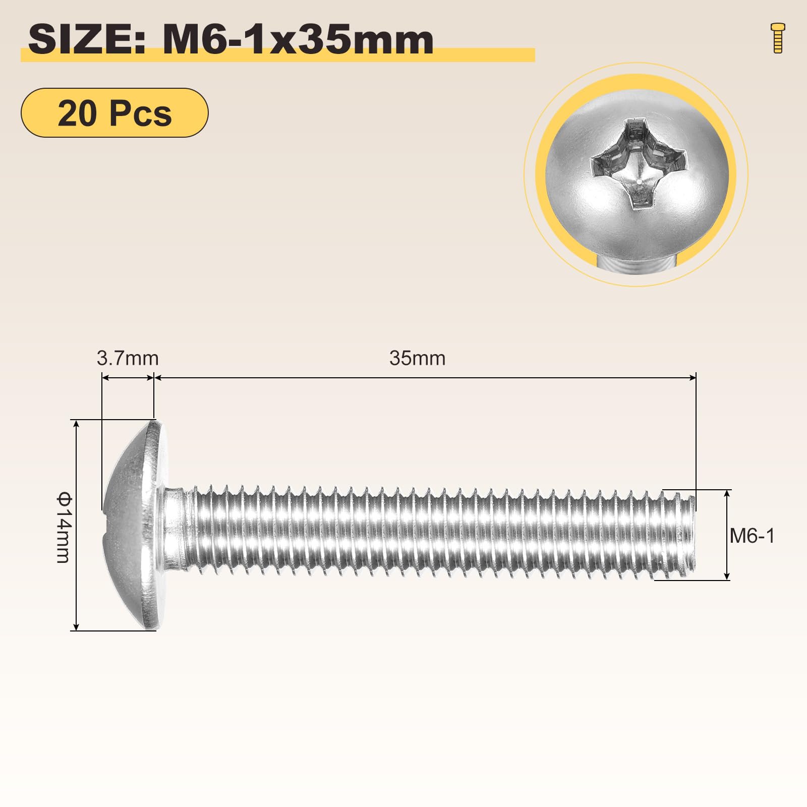 METALLIXITY Machine Screws Phillips Head(M6-1x35) 20Pcs, 304 Stainless Steel Round Head Phillips Drive Furniture Bolts - Image 2