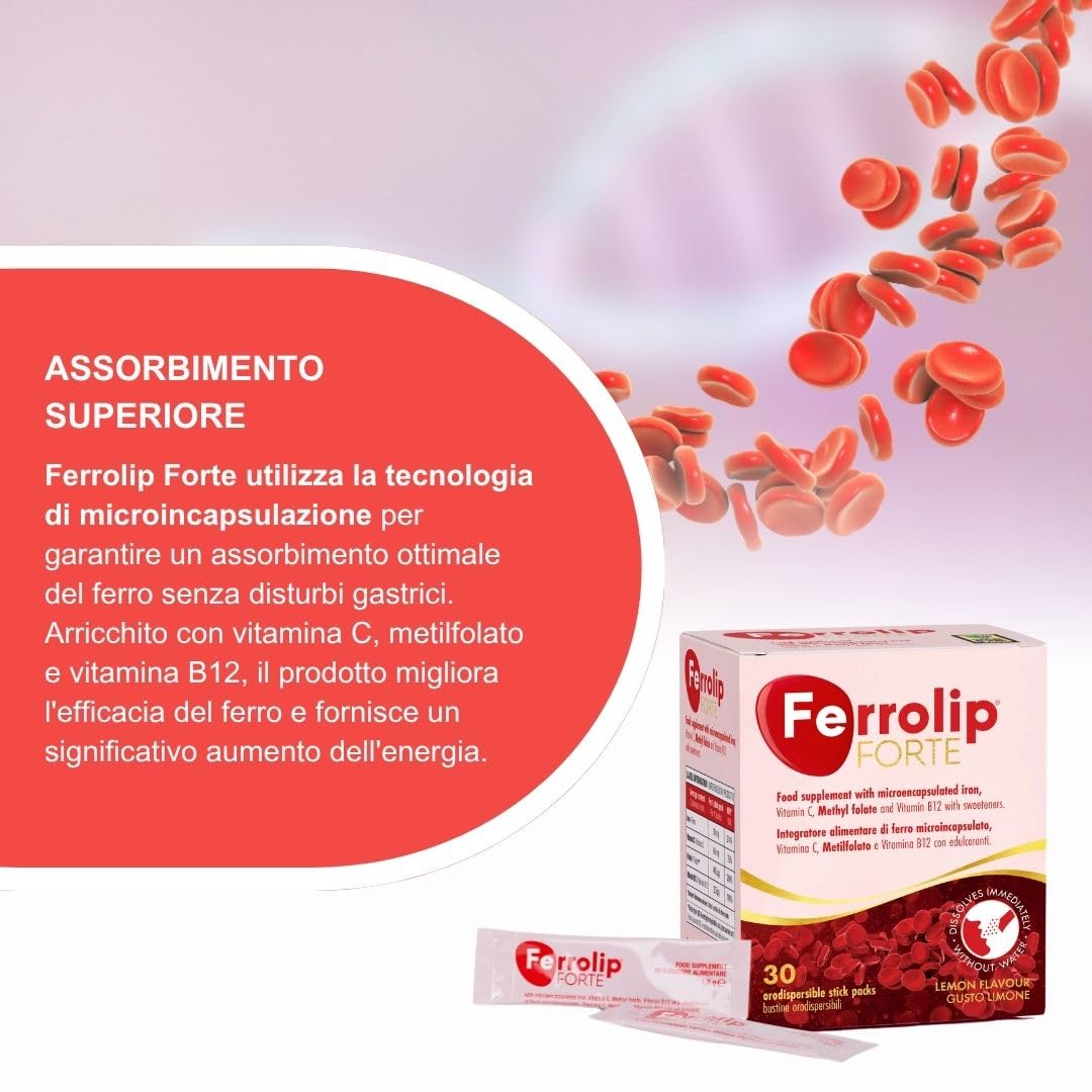 Ferrolip Forte Integratore Ferro e Acido Folico (30 Bustine Orosolubili al Limone) - Senza Fastidi Gastrointestinali - Privo di Sapore Metallico - Con Vitamina C e B12